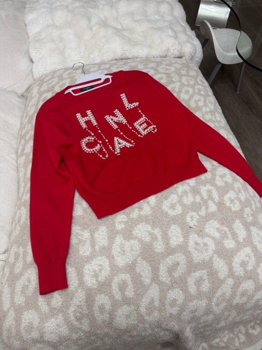 CHANEL Red Pearl Lettering Crewneck Sweater